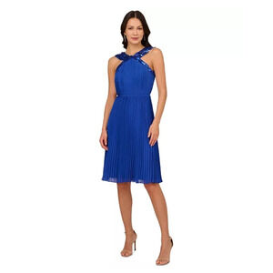 Adrianna Papell Women's Pleated Chiffon Halter Dress Sapphire Size 12 $249 MSRP